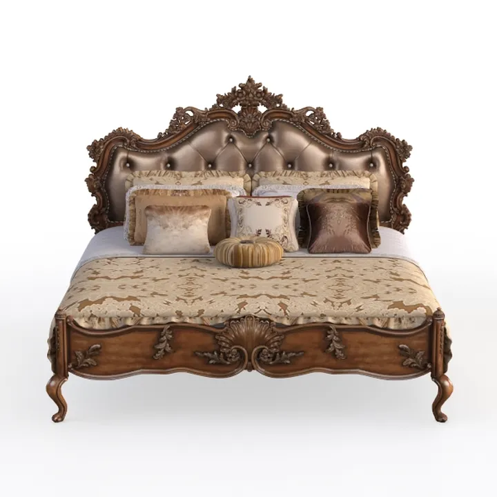 Vintage Carved Solid Wood Tufted Upholstered King Bed 3D Model