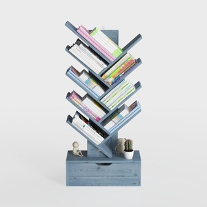 Minimalist Blue Solid Wood Tree Shape Bookshelf with Drawer 3D Model