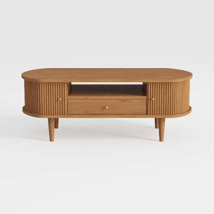 Minimalist Solid Wood Fluted Oval TV Stand with Drawers Open Shelf 3D Model