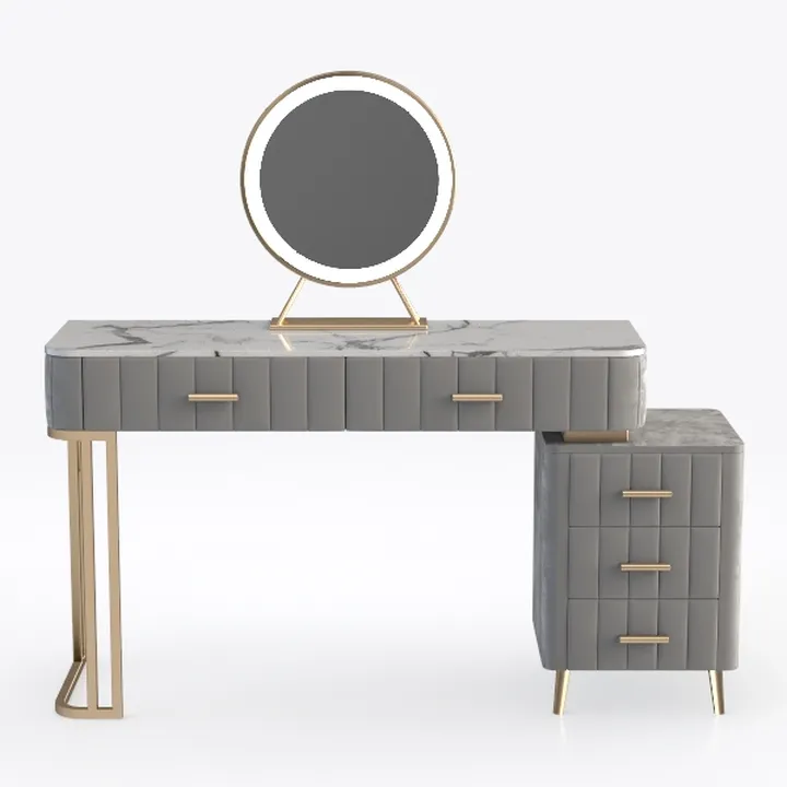 Modern Marble Top Velvet Gold Metal Vanity Table with LED Round Mirror 3D Model