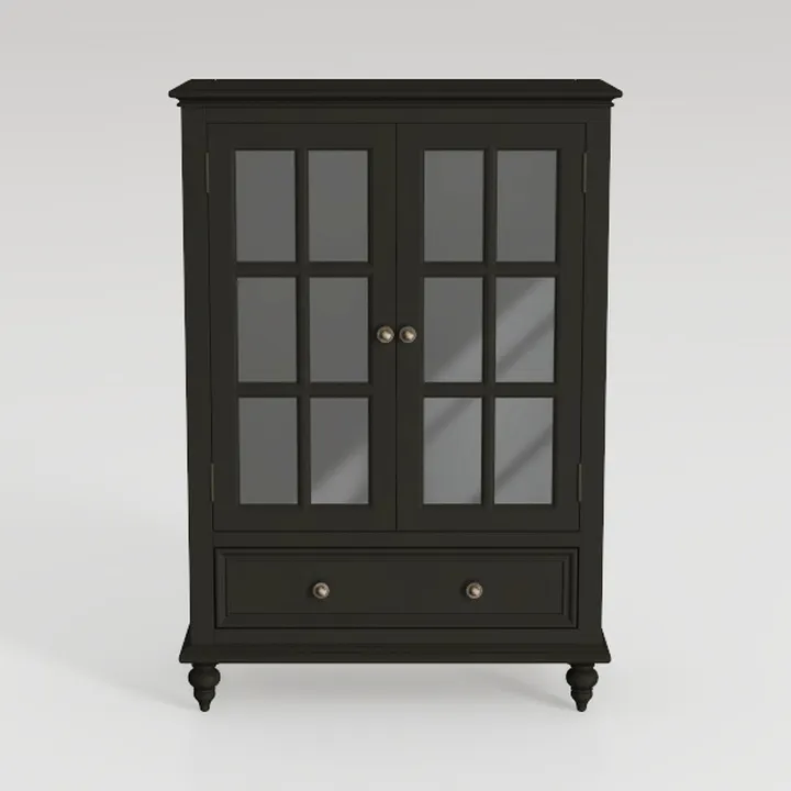 Traditional Black Solid Wood Glass Door Display Cabinet 3D Model