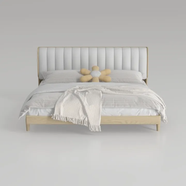 Modern Minimalist Solid Wood Upholstered Bed 3D Model