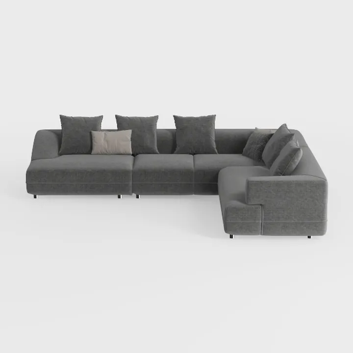 Minimalist Gray Fabric L Shaped Sectional Sofa with Throw Pillows 3D Model