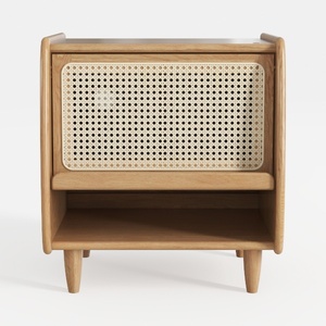 Japandi Oak Rattan Nightstand with Open Shelf 3D Model