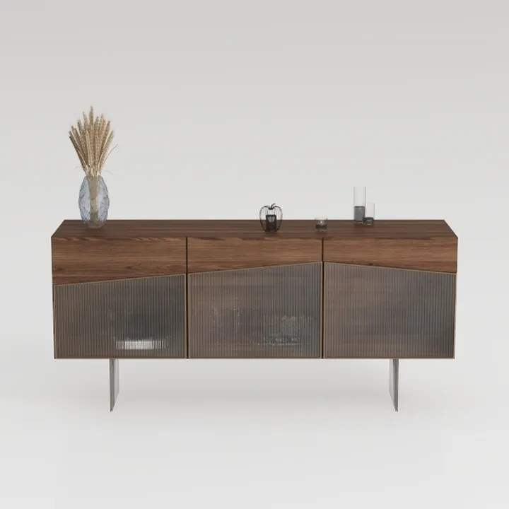 Modern Walnut Metal Fluted Glass Sideboard 3D Model