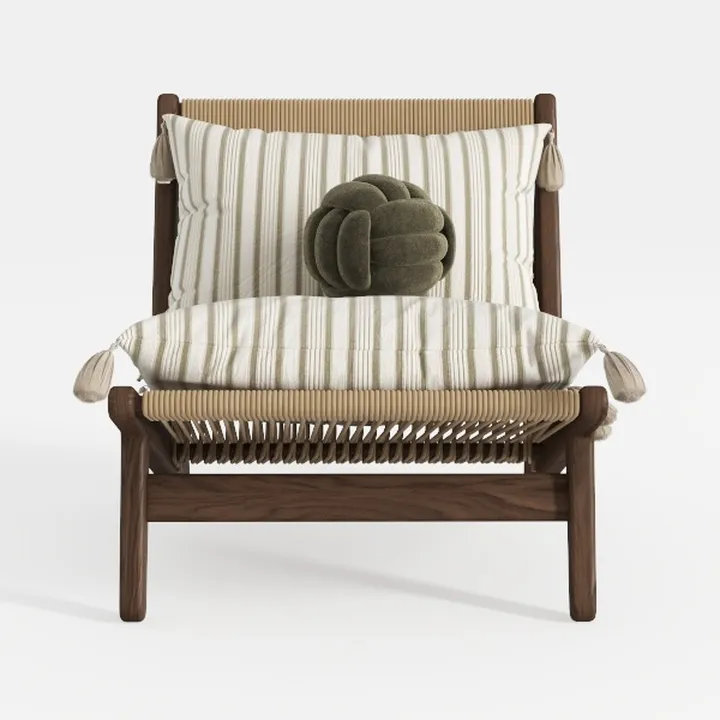 Minimalist Solid Wood Fabric Rattan Accent Chair with Striped Cushions 3D Model