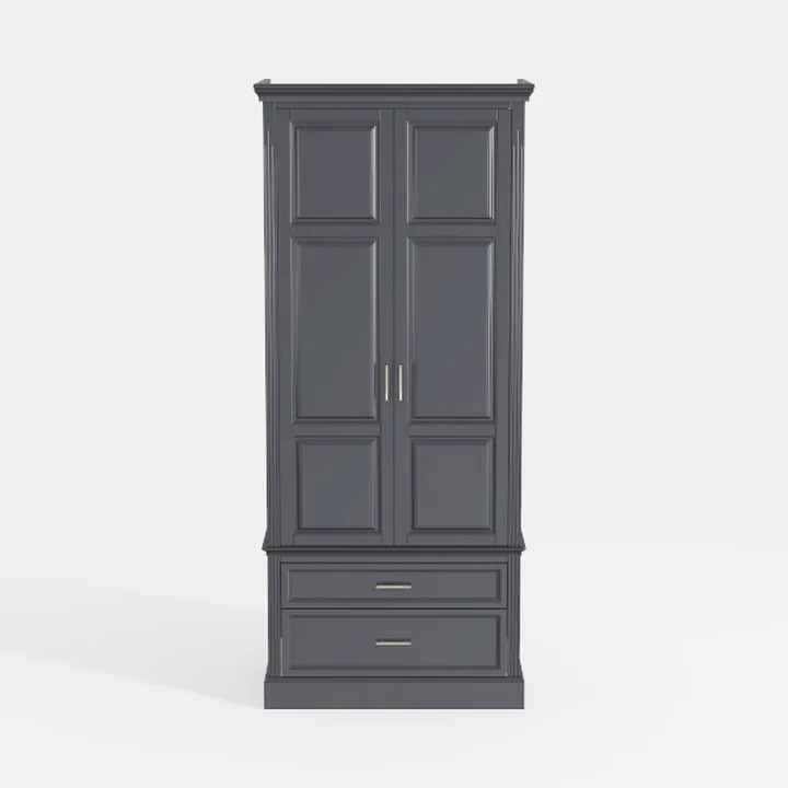 Traditional Dark Gray Solid Wood Wardrobe with Drawers Gold Hardware 3D Model