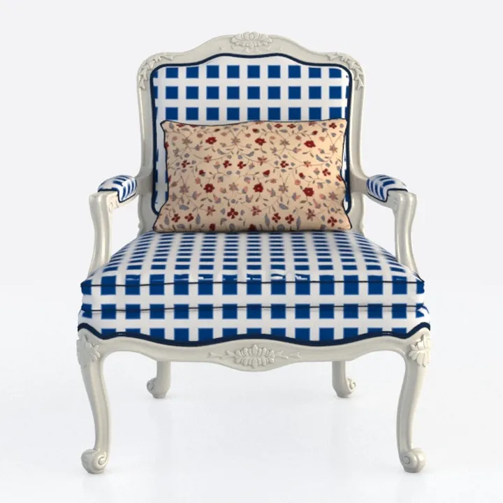 French Vintage Floral Gingham Fabric Armchair 3D Model