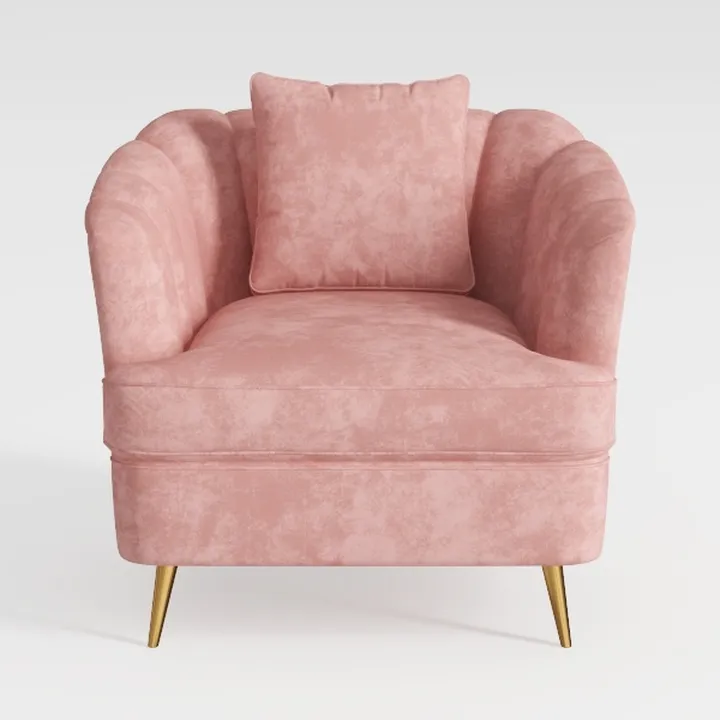 Pink Velvet Channel Tufted Armchair with Gold Metal Legs 3D Model