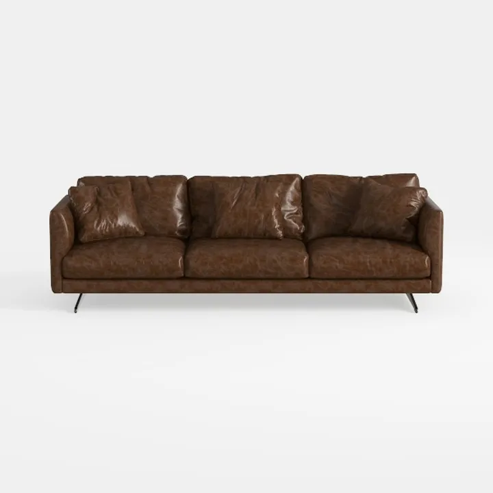 Modern Vintage Brown Leather 3 Seater Sofa With Throw Pillows 3D Model