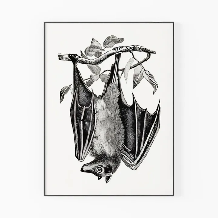 Vintage Black and White Bat Hanging Branch Wall Art 3D Model