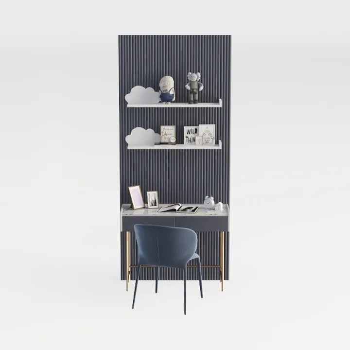 Modern Velvet Upholstered Metal Frame Desk Chair With Floating Shelves 3D Model