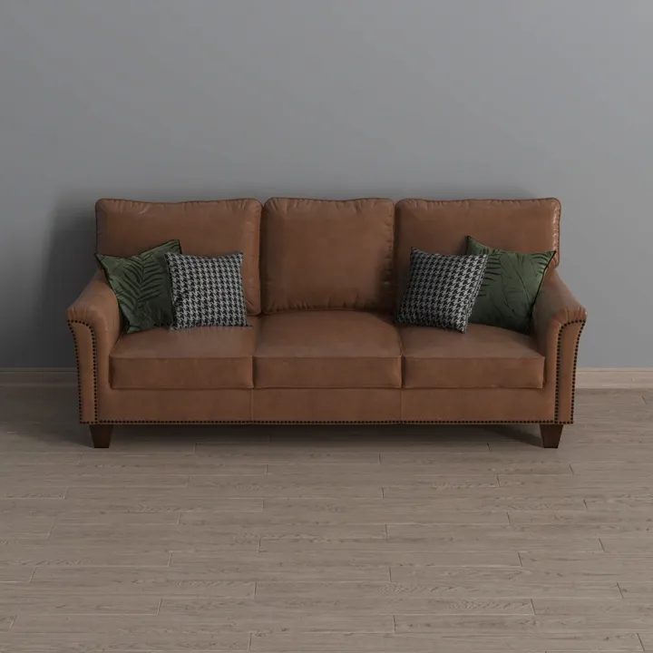 Traditional Leather Three Seater Sofa with Decorative Throw Pillows 3D Model