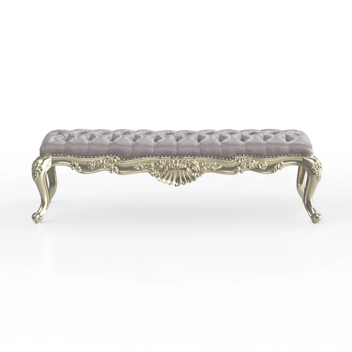 Baroque Tufted Fabric Upholstered Gold Accent Bench 3D Model