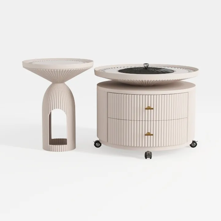 Minimalist Fluted Solid Wood Side Table and Round Coffee Table Set 3D Model