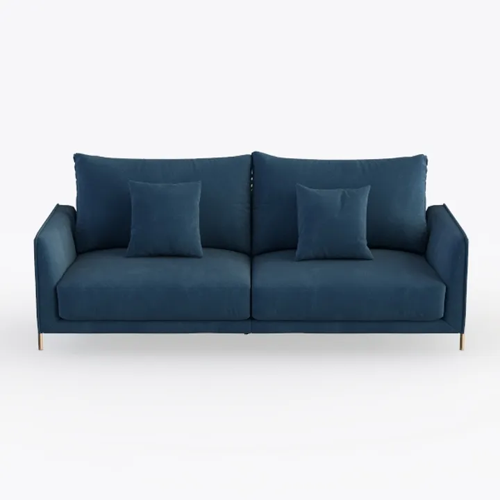 Modern Minimalist Navy Blue Fabric Sofa with Gold Metal Legs 3D Model