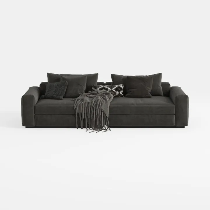 Minimalist Dark Fabric Large Sofa With Throw Pillows And Blanket 3D Model