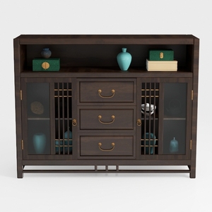 Traditional Solid Wood Brass Accent Glass Front Sideboard Cabinet 3D Model