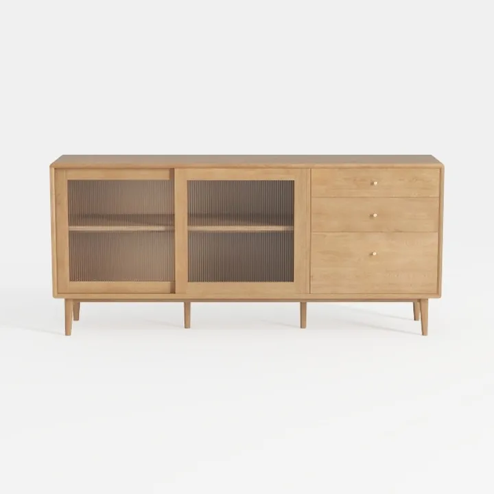 Minimalist Solid Oak Sideboard with Fluted Glass Doors Drawers 3D Model