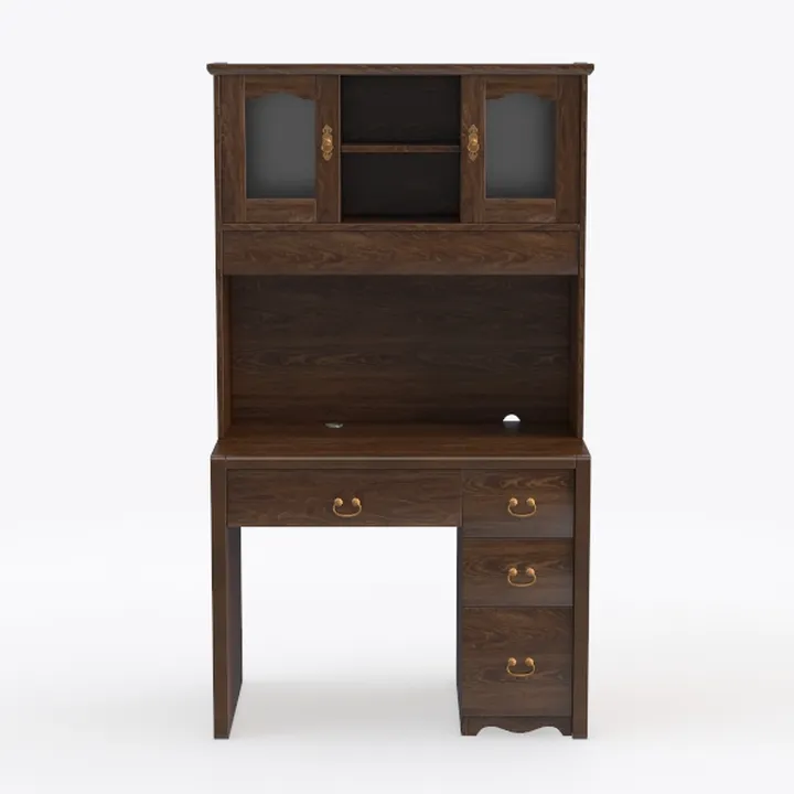 Vintage Walnut Solid Wood Home Office Desk with Hutch Cabinets 3D Model
