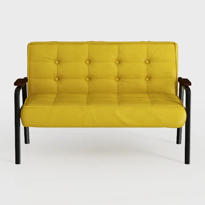 Modern Yellow Leather Tufted Metal Arm Loveseat 3D Model
