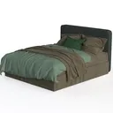 Minimalist Dark Fabric Upholstered Queen Bed with Bedding 3D Model Left 45 Degree View