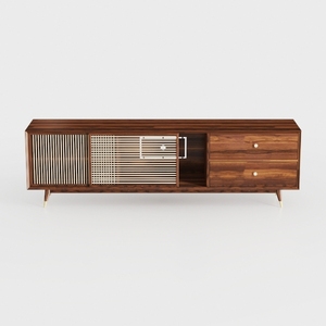 Mid Century Modern Solid Wood TV Stand With Slatted Doors Drawers 3D Model