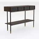 Modern Walnut Black Metal Brass Accent Console Table with Drawers 3D Model Right 45 Degree View