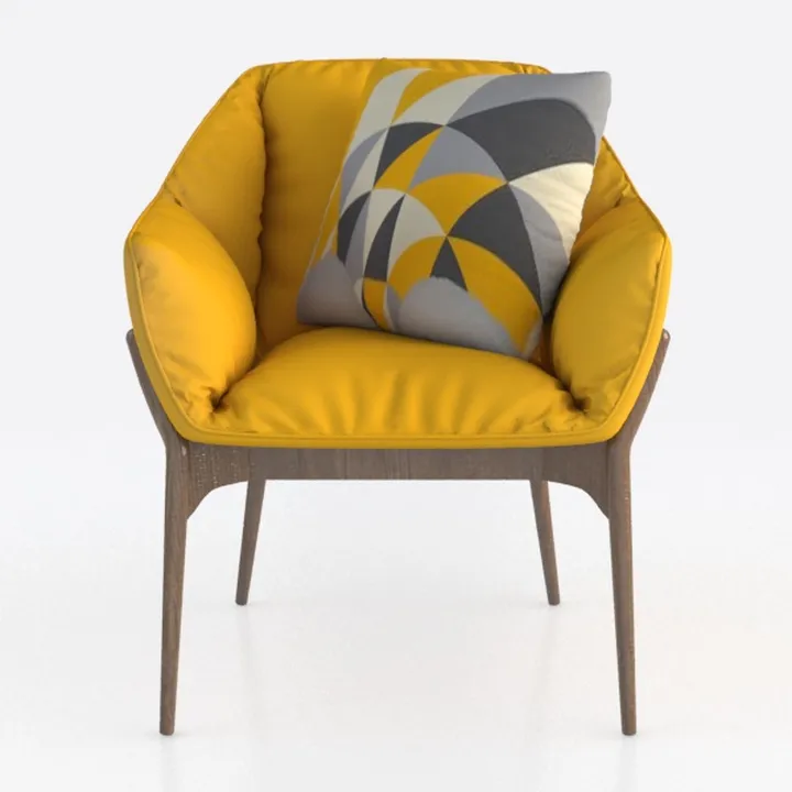 Modern Yellow Fabric Solid Wood Armchair with Decorative Pillow 3D Model