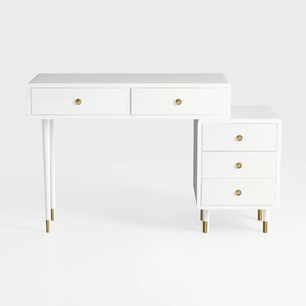 White and Gold Desk with 2 File Drawers, 57 Inch