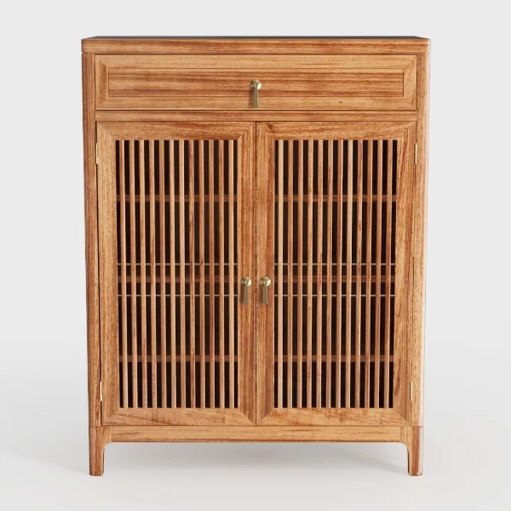 Minimalist Solid Wood Slatted Door Cabinet with Brass Hardware 3D Model