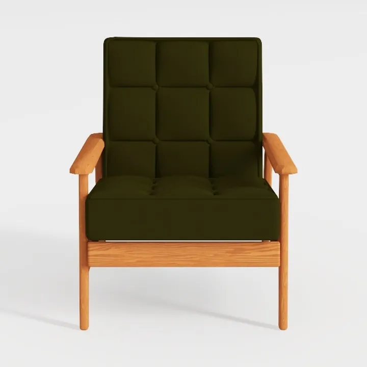 Mid Century Oak Frame Tufted Velvet Armchair 3D Model
