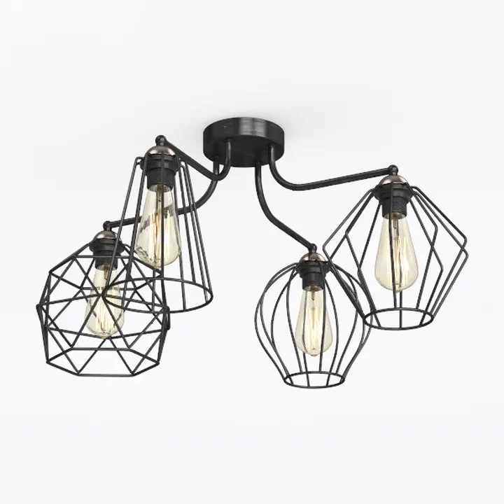 Industrial Black Metal Geometric Cage Semi Flush Mount Ceiling Lamp 3D Model