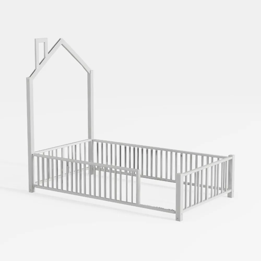 Twin Size Metal House Platform Bed with Guardrail