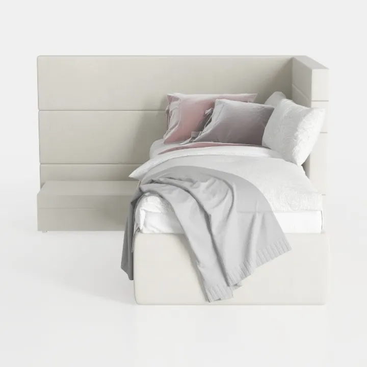 Minimalist Beige Velvet Upholstered Corner Bed with Attached Nightstand 3D Model
