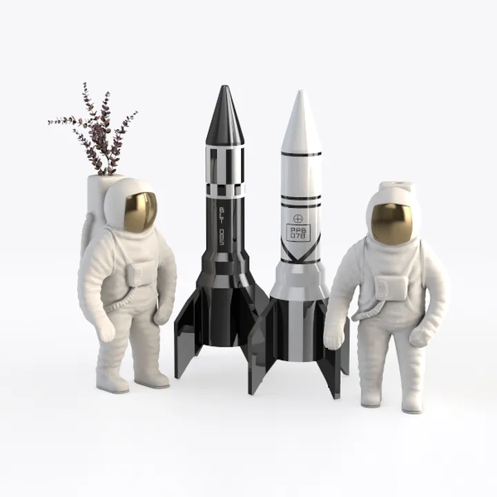 Minimalist Astronaut Rocket Decorative Figurine Set 3D Model