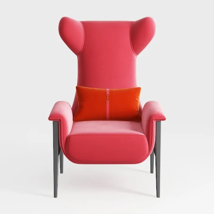 Modern Pink Velvet Wingback Armchair with Decorative Throw Pillow 3D Model
