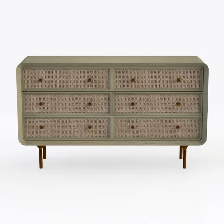 Minimalist Japandi Cane Solid Wood 6 Drawer Dresser 3D Model
