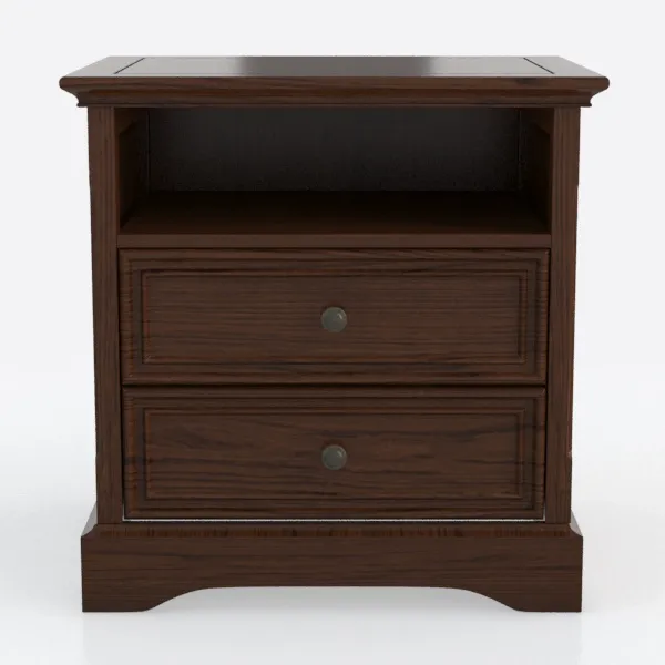 Traditional Solid Walnut Wood Nightstand with Two Drawers Open Shelf 3D Model Front View