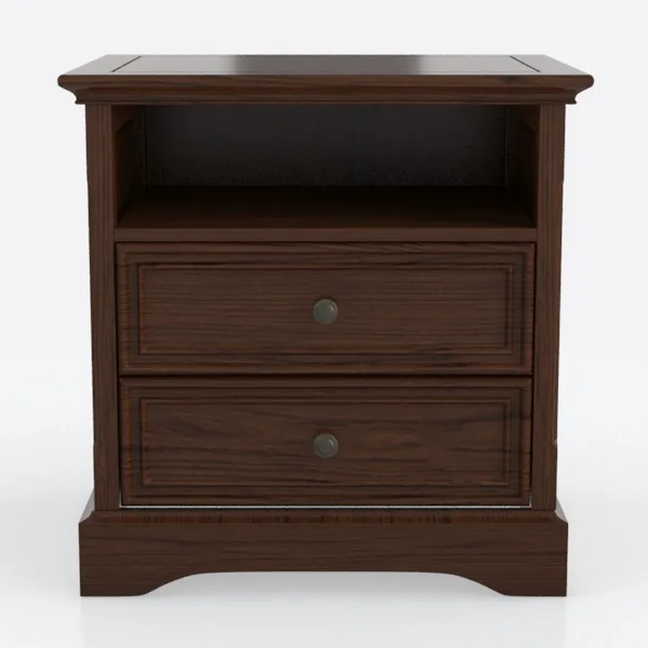 Traditional Solid Walnut Wood Nightstand with Two Drawers Open Shelf 3D Model