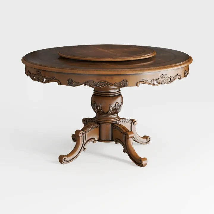 Vintage Carved Solid Wood Round Dining Table with Lazy Susan 3D Model