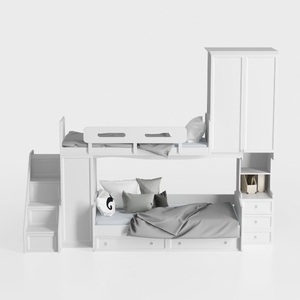 Minimalist White Solid Wood Bunk Bed with Wardrobe and Storage Drawers 3D Model