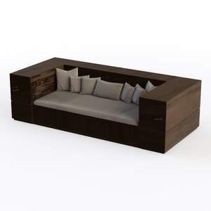 Modern Dark Walnut Solid Wood Fabric L Shaped Sofa 3D Model