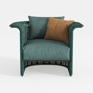Modern Teal Rattan Fabric Armchair with Throw Pillows 3D Model