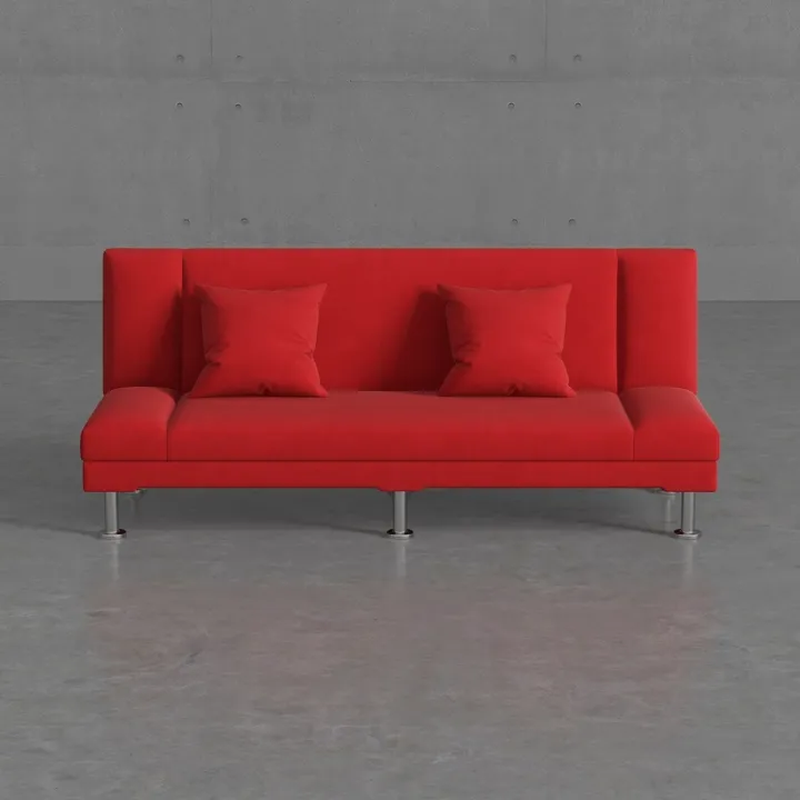 Modern Red Fabric Sofa with Chrome Legs and Throw Pillows 3D Model