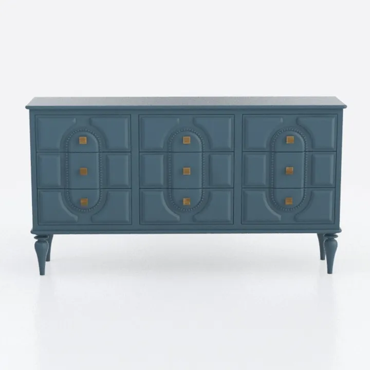 Vintage Blue Solid Wood 9 Drawer Dresser Cabinet 3D Model