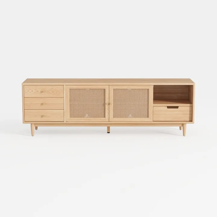 Minimalist Japandi Solid Oak Rattan TV Stand Cabinet 3D Model