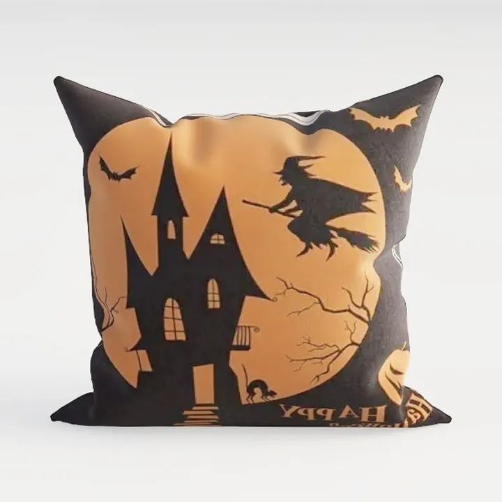 Halloween Themed Fabric Throw Pillow With Spooky Witch Haunted House Design 3D Model