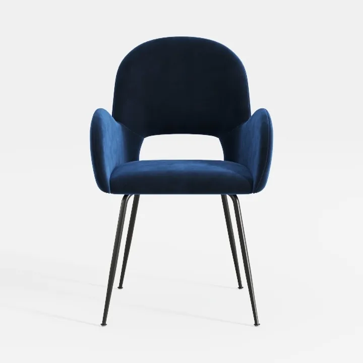 Modern Navy Velvet Upholstered Armchair With Black Metal Legs 3D Model