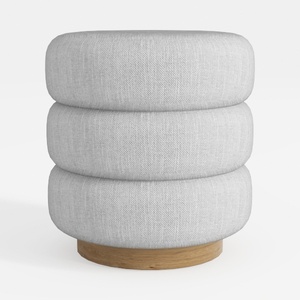 Minimalist Linen Fabric Round Ottoman with Solid Wood Base 3D Model
